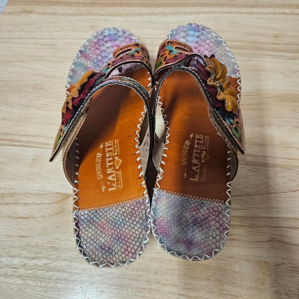 Spring Step L'Artiste Vardi women’s Leather Floral Sandals wedge comfort size 9 - Picture 9 of 12